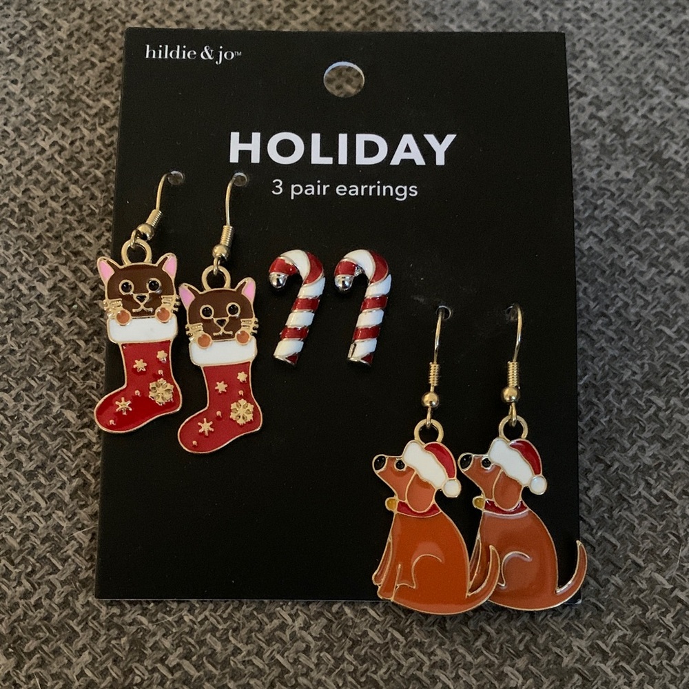 Hildie & Jo Christmas Holiday Earrings Cats Stockings Dogs Santa Hats Candy Cane